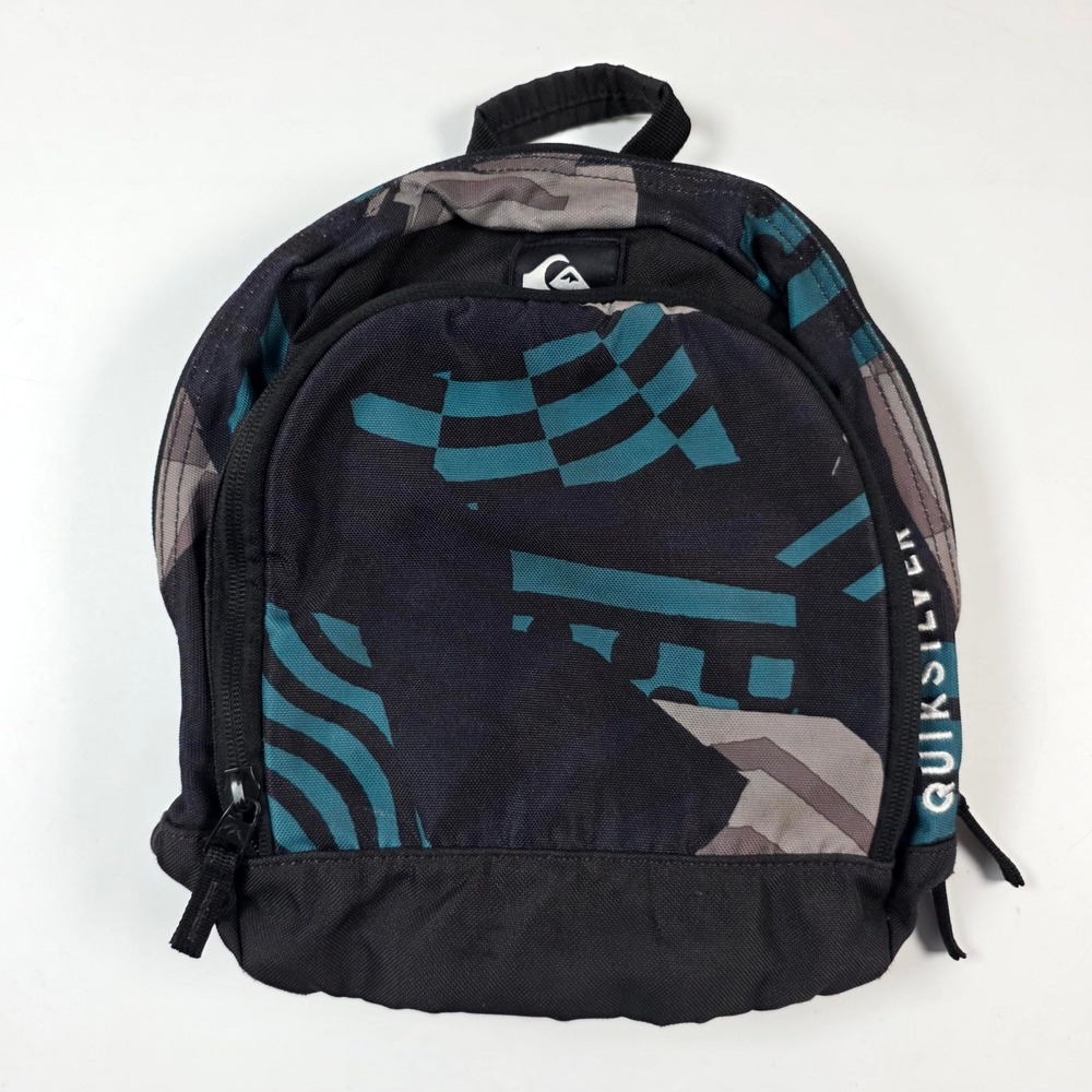 Quiksilver Mini Backpack Mens Womens Small Black Teal Abstract Print Skate Bag